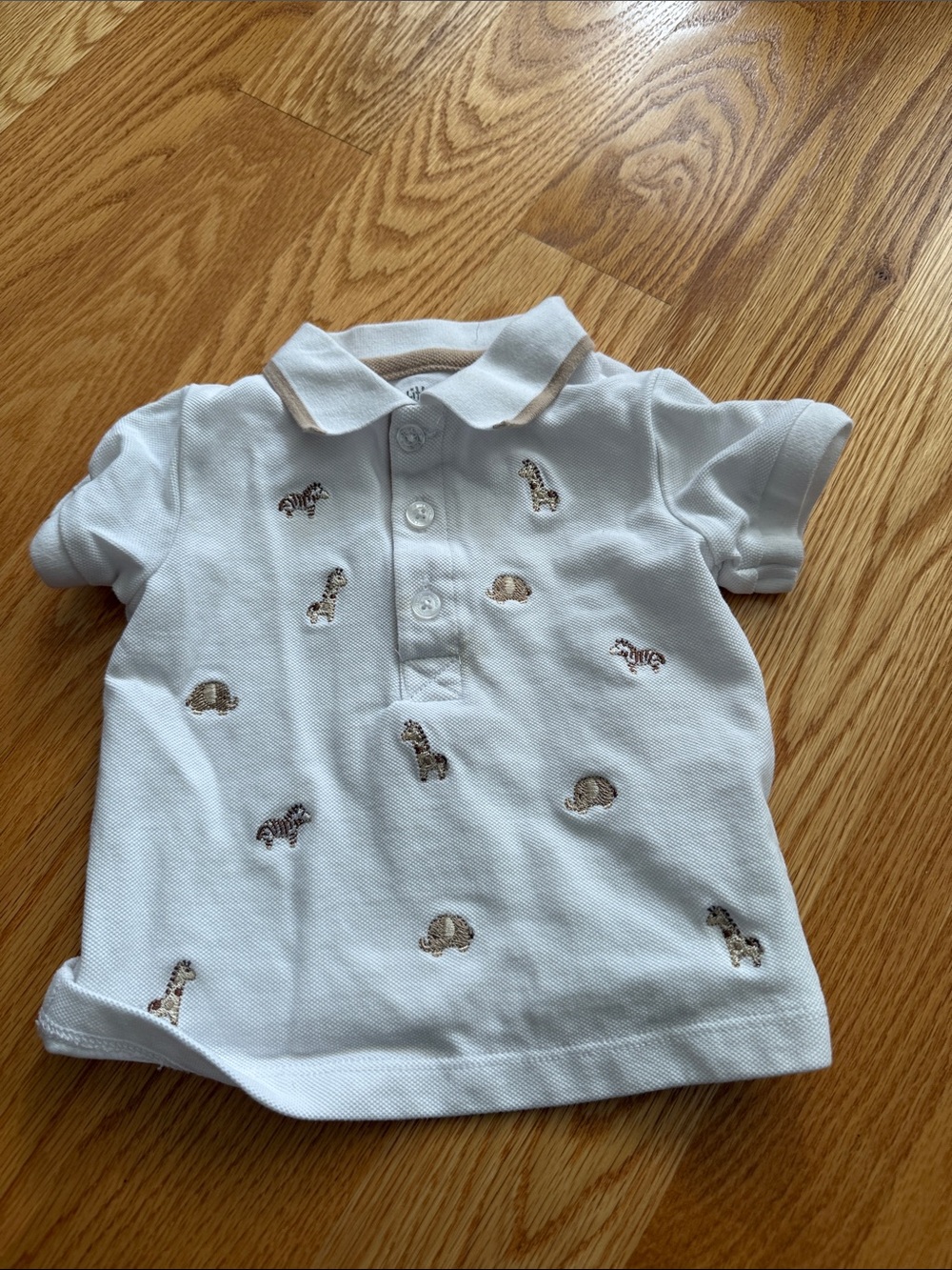 Little Me White Polo Shirt with Tan Animal Embroidery